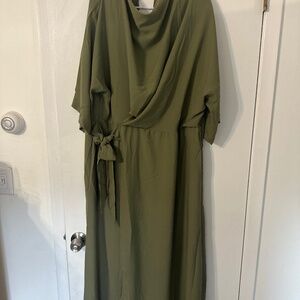 Sage green draped neck mock wrap dress